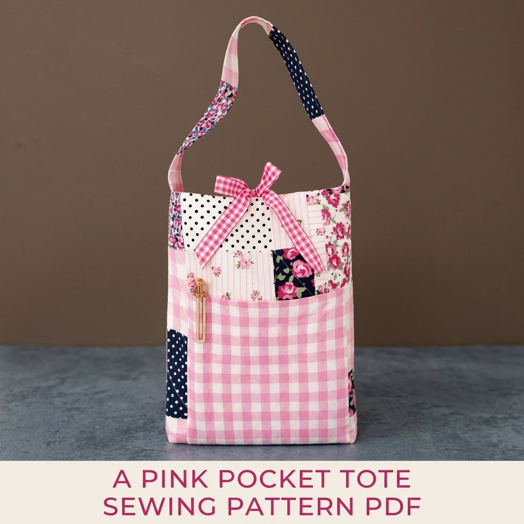 Pink Patchwork Pocket Tote Sewing Pattern PDF – Floral Tote with Gingham Pocket