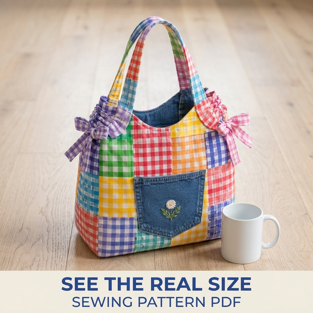 Gingham Patchwork Tote Sewing Pattern PDF – Scrappy Bag with Jeans Pocket