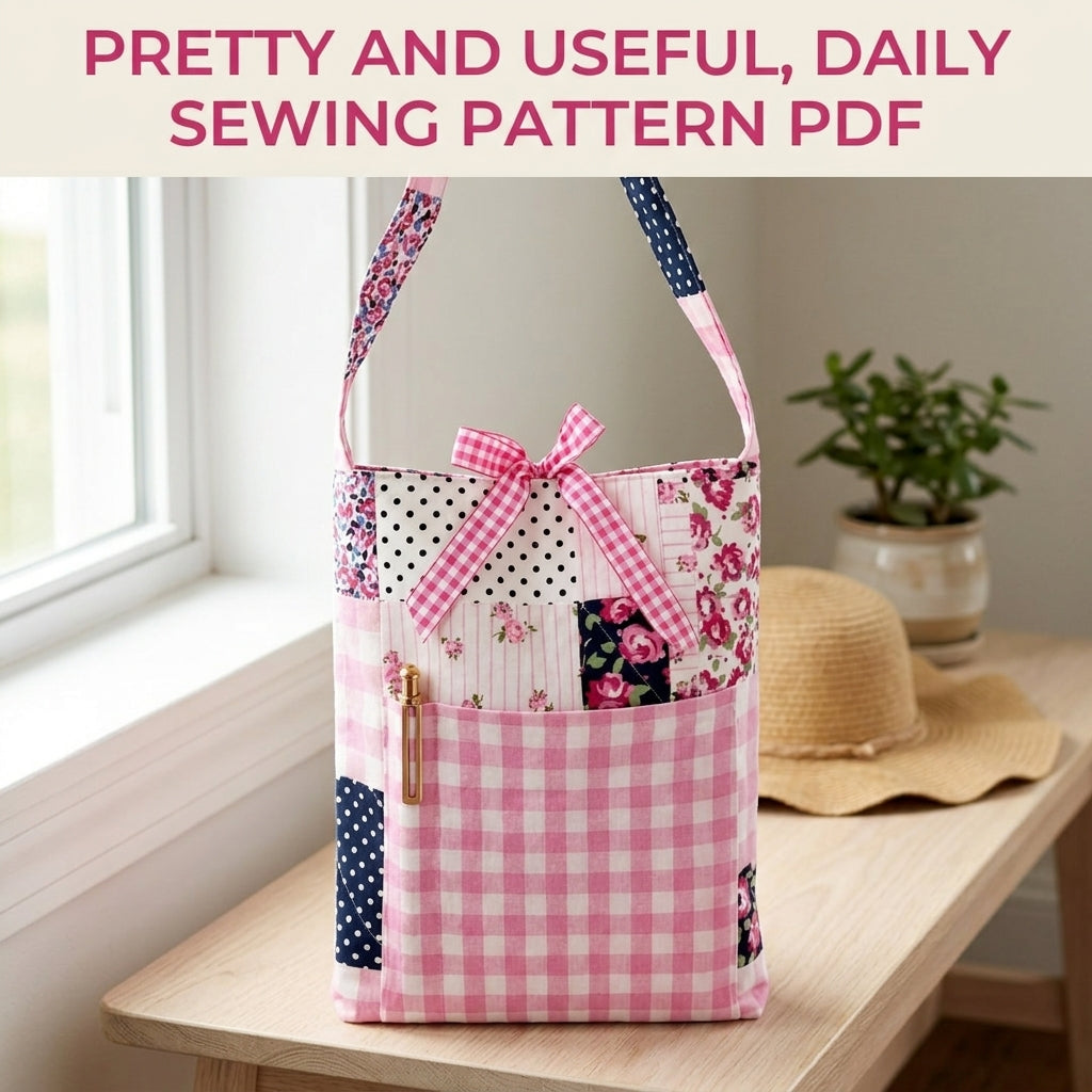 Pink Patchwork Pocket Tote Sewing Pattern PDF – Floral Tote with Gingham Pocket