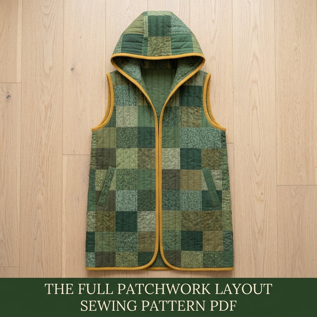 Quilted Patchwork Vest Sewing Pattern PDF – Long Hooded Quilt Vest with Pockets and Bias Binding