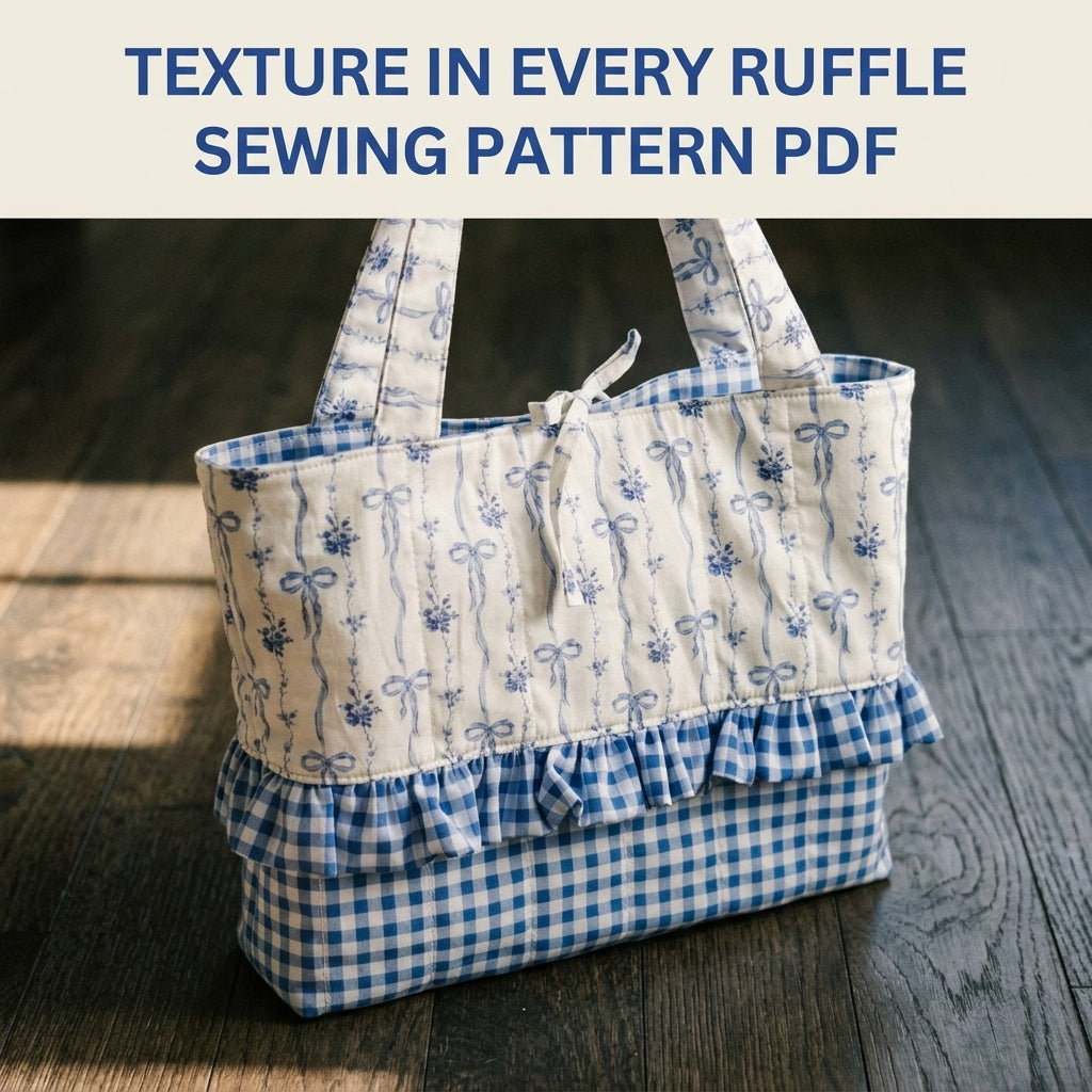 Bow Print Ruffle Tote Sewing Pattern PDF – Blue and White Gingham Bag