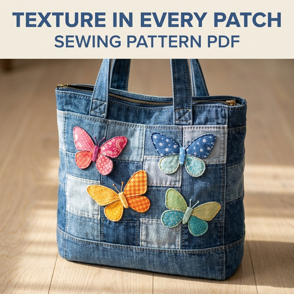 Patchwork Butterfly Denim Tote Sewing Pattern PDF – Upcycled Jeans Zip Bag