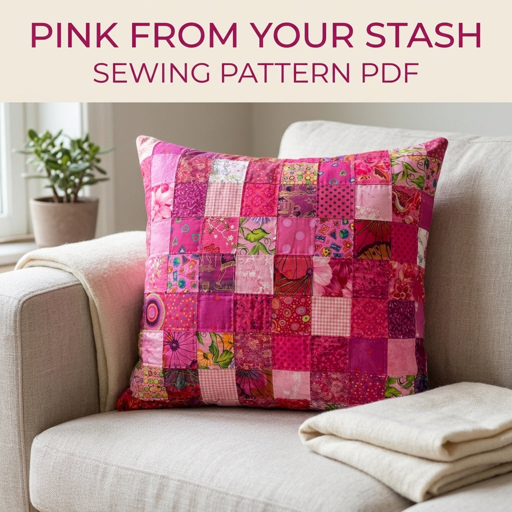 Pink Scrappy Patchwork Cushion Sewing Pattern PDF – Scrap Square Pillow Cover