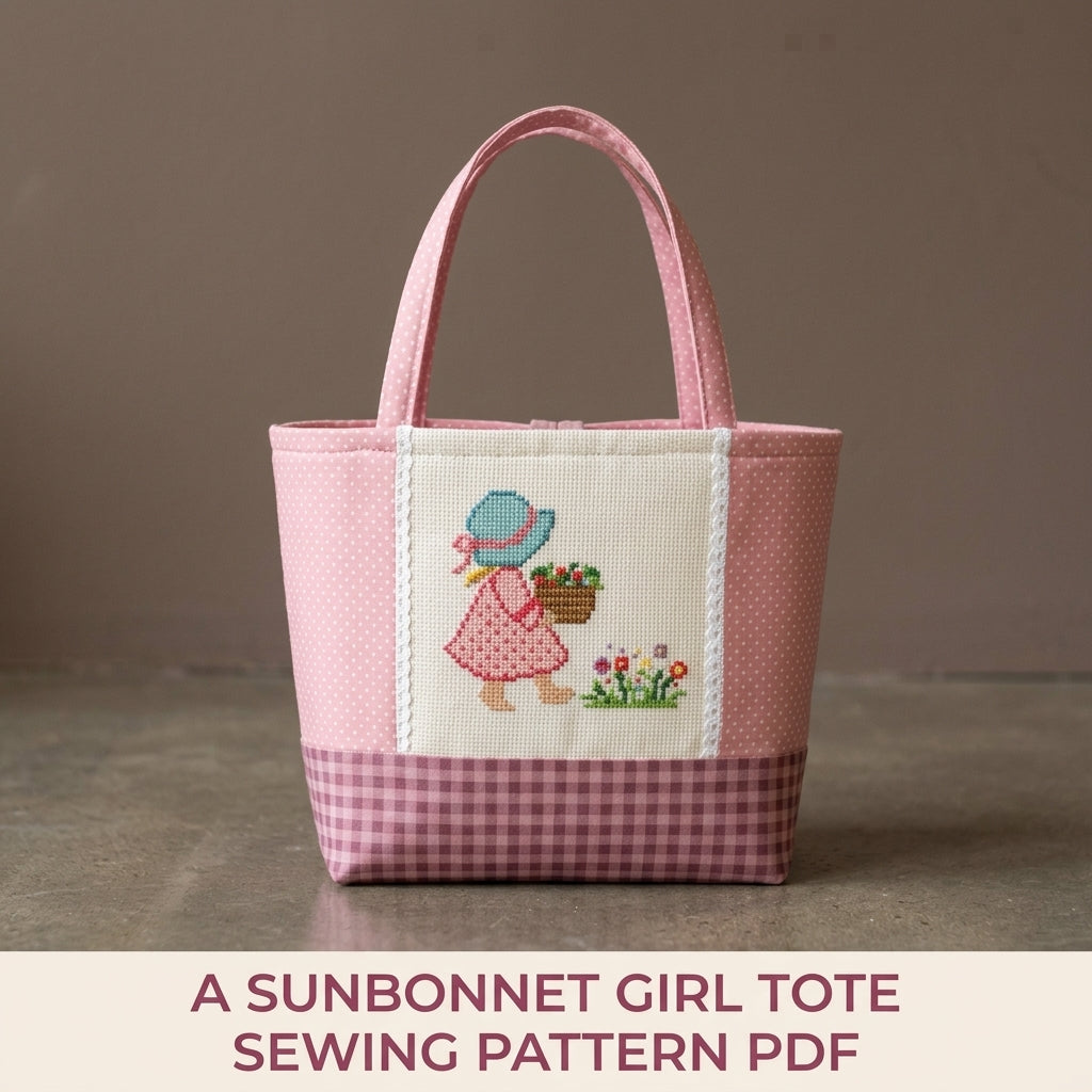 Sunbonnet Girl Cross-Stitch Tote Sewing Pattern PDF – Small Tote with Stitched Panel