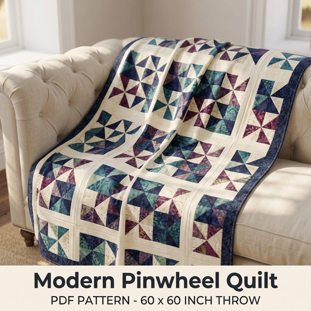 Modern Pinwheel Quilt Pattern PDF – Half-Square Triangle Throw Quilt with Sashing and Border