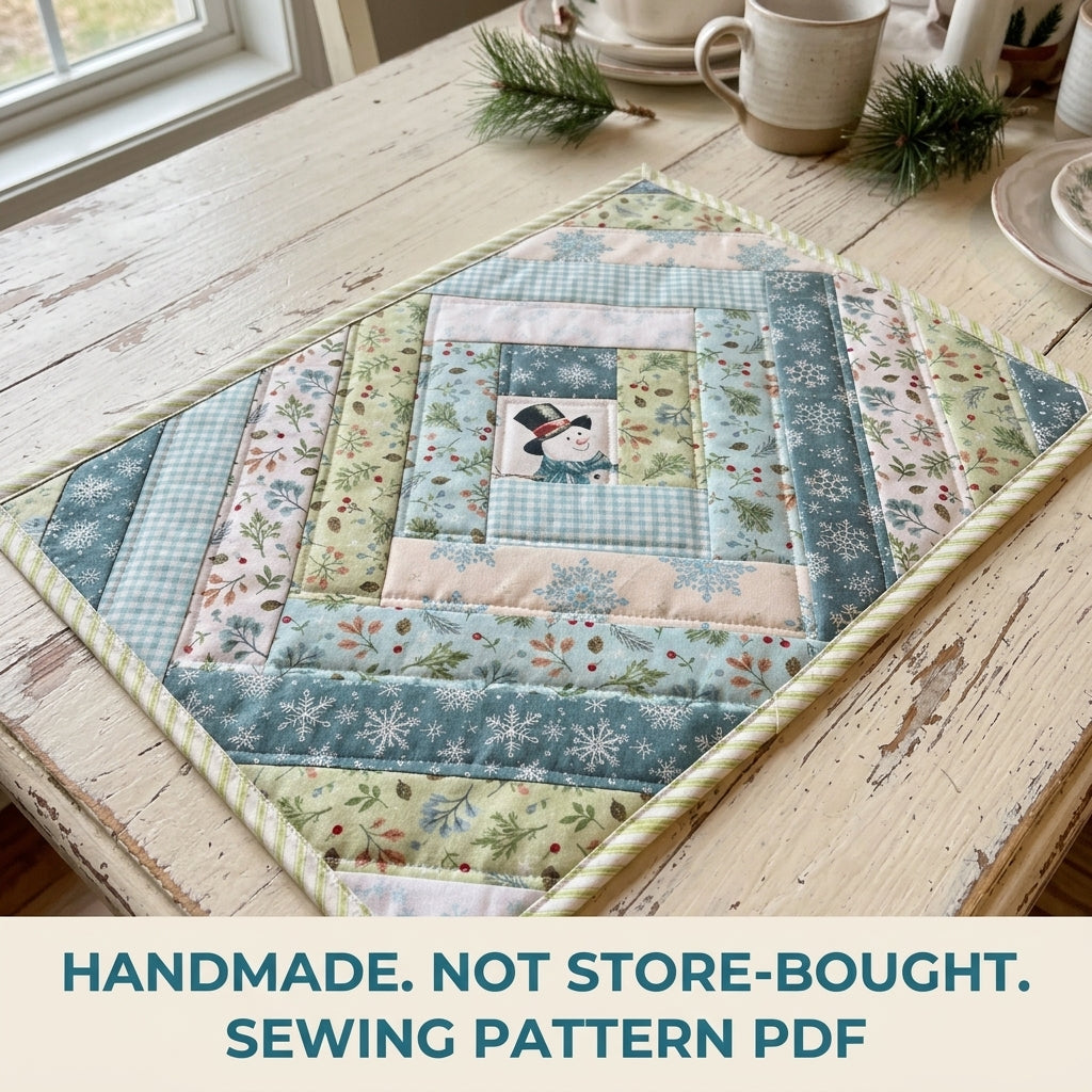 Snowman Log Cabin Placemat Sewing Pattern PDF – Winter Snowman Quilted Placemat