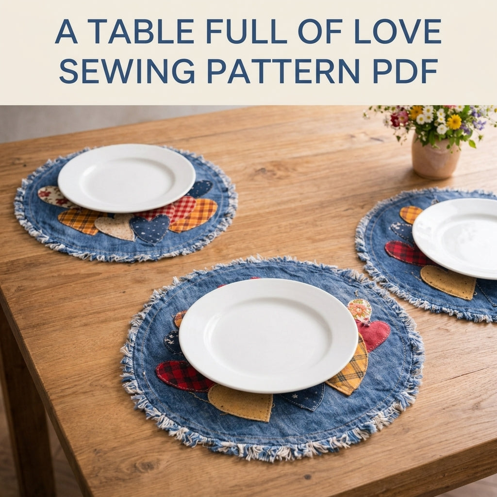 Denim Heart Placemats Sewing Pattern PDF – Upcycled Jeans Table Mats