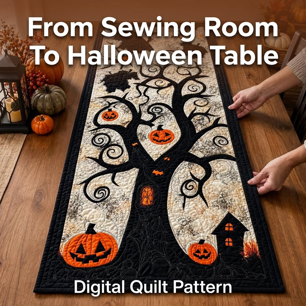Halloween Table Runner PDF Quilt Pattern | Appliqué Spooky Tree with Jack-O'-Lanterns & Bats | Intermediate Quilting Project | Instant Download