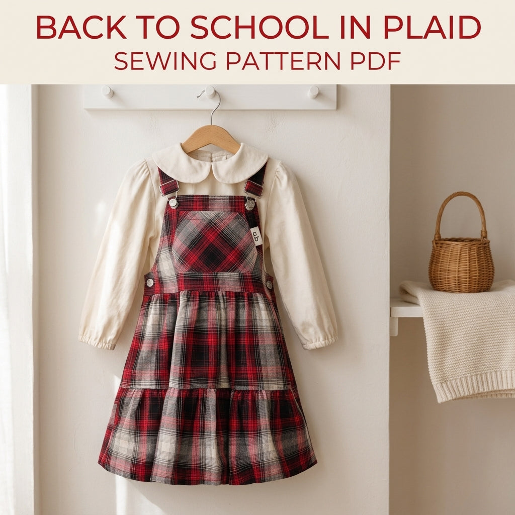 Girls Pinafore Dress Sewing Pattern PDF – Plaid Dungaree Dress with Blouse