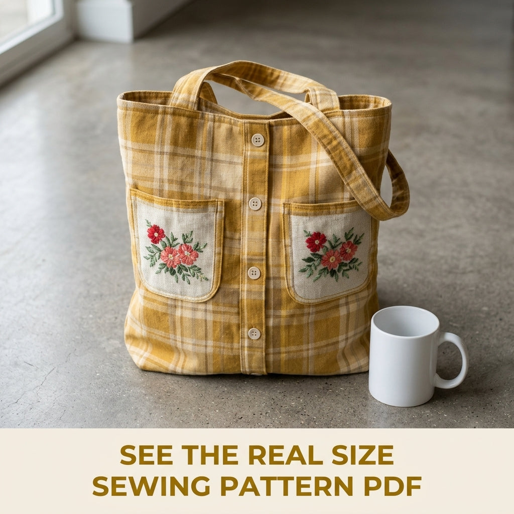 Mustard Shirt Tote Sewing Pattern PDF – Upcycled Shirt Bag with Embroidered Pockets