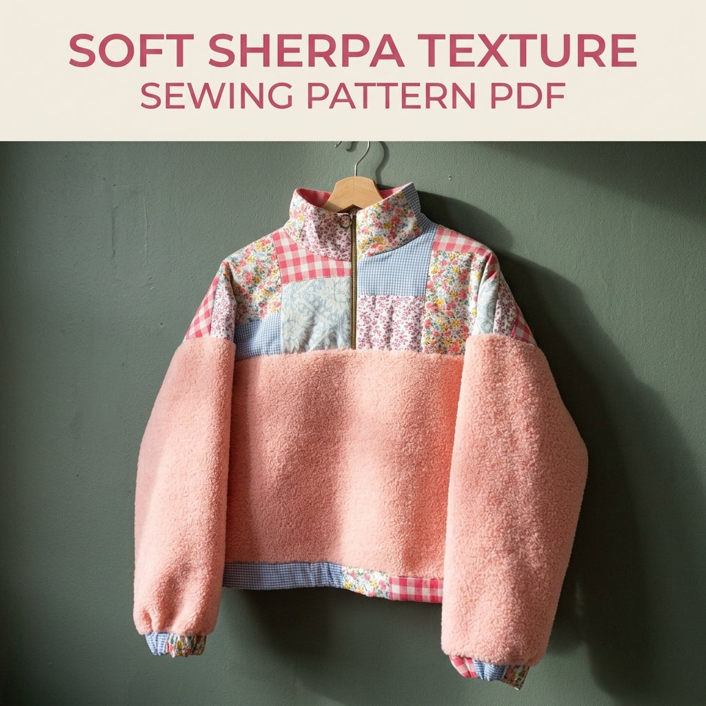 Patchwork Sherpa Half-Zip Pullover Sewing Pattern PDF – Gingham and Floral Yoke Sweater