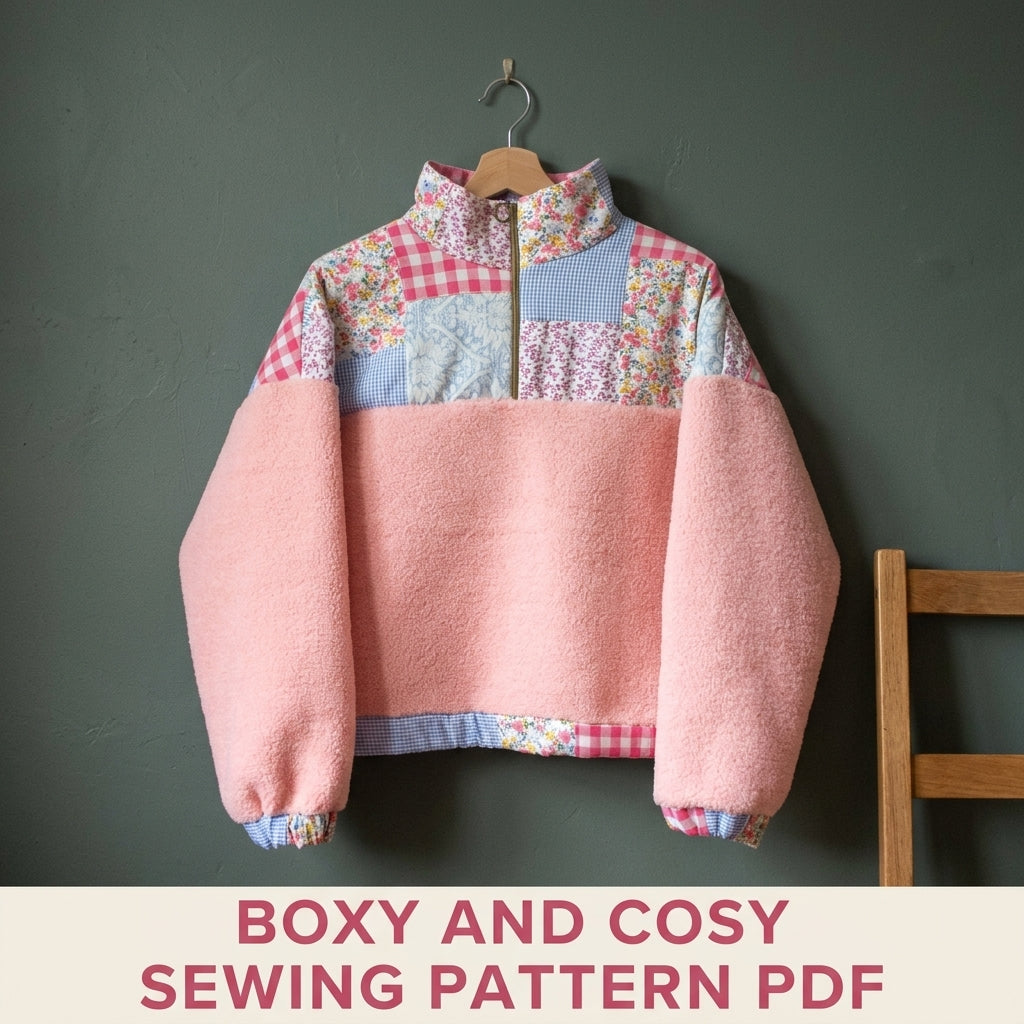 Patchwork Sherpa Half-Zip Pullover Sewing Pattern PDF – Gingham and Floral Yoke Sweater