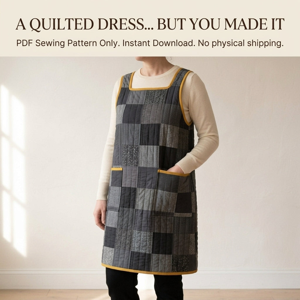 Quilted Pinafore Dress Sewing Pattern PDF – Patchwork Apron Dress with Square Neck and Pockets