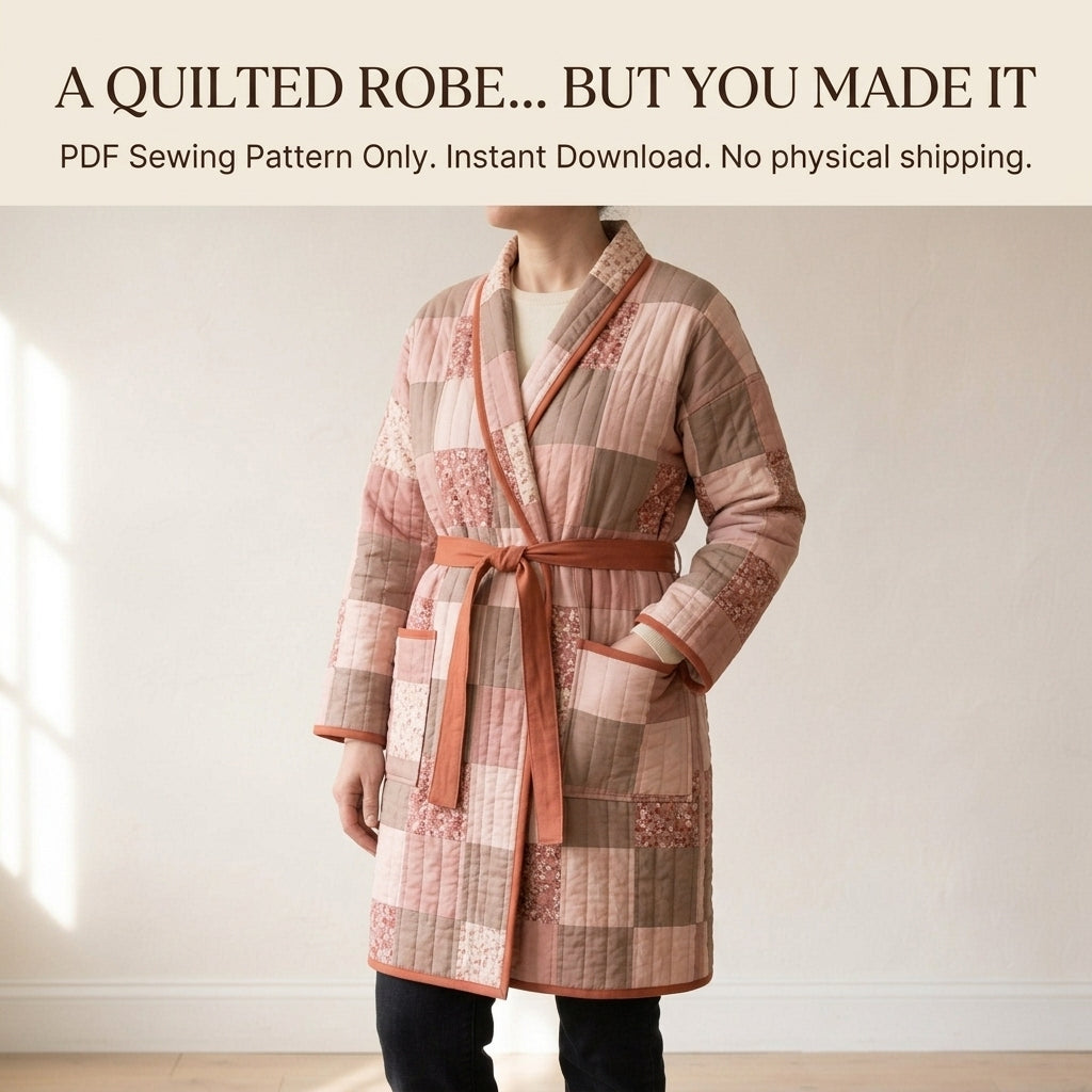 Quilted Robe Sewing Pattern PDF – Patchwork Wrap Robe with Shawl Collar and Pockets