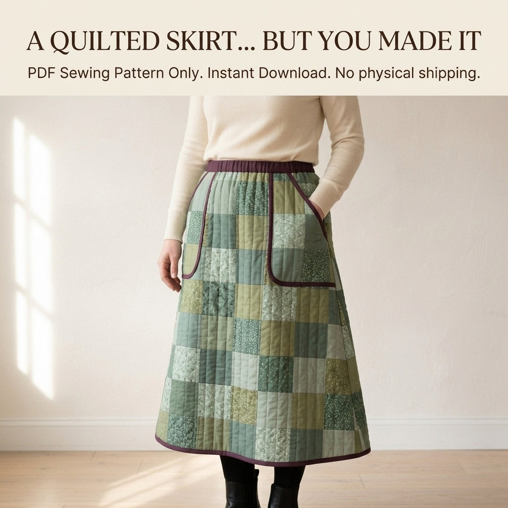 Quilted Skirt Sewing Pattern PDF – Patchwork Midi Skirt with Elastic Waist and Pockets
