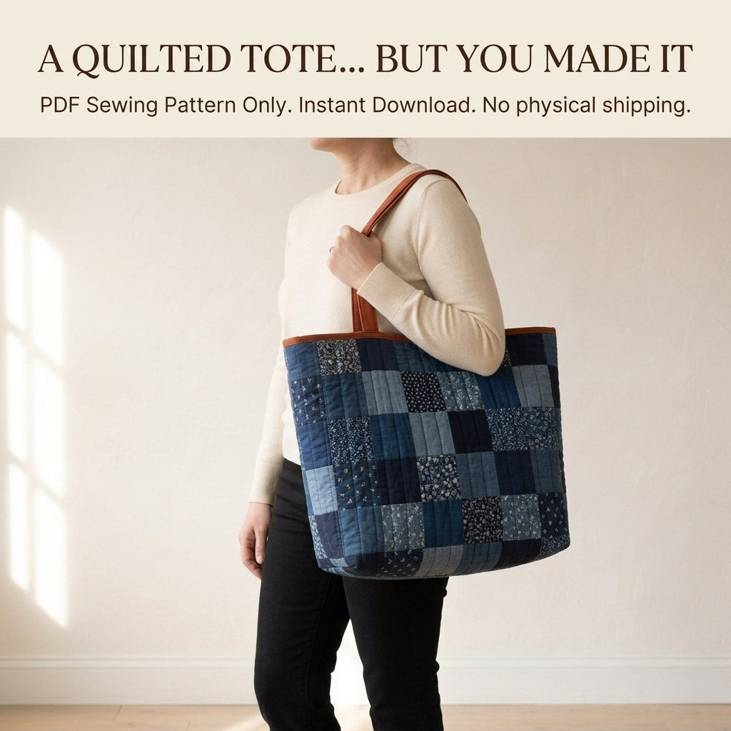 Quilted Tote Bag Sewing Pattern PDF – Patchwork Quilt Tote with Shoulder Straps