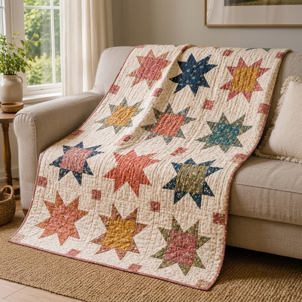 Scrappy Sawtooth Star Quilt Pattern PDF – Star Throw Quilt with Sashing and Cornerstones