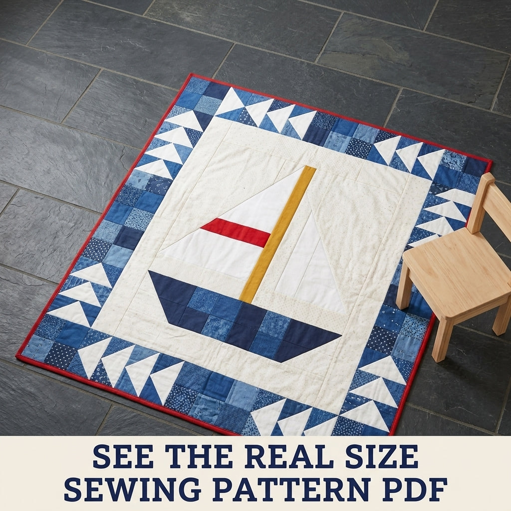 Sailboat Baby Quilt Pattern PDF – Nautical Pieced Nursery Quilt with Flying Geese Border