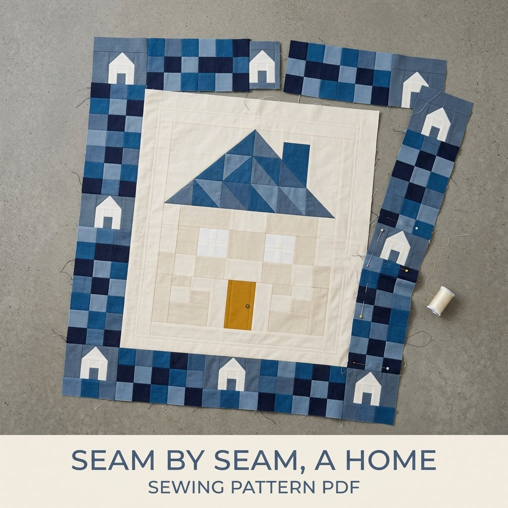 Little House Baby Quilt Pattern PDF – Pieced Nursery Quilt with Blue Checkerboard Border