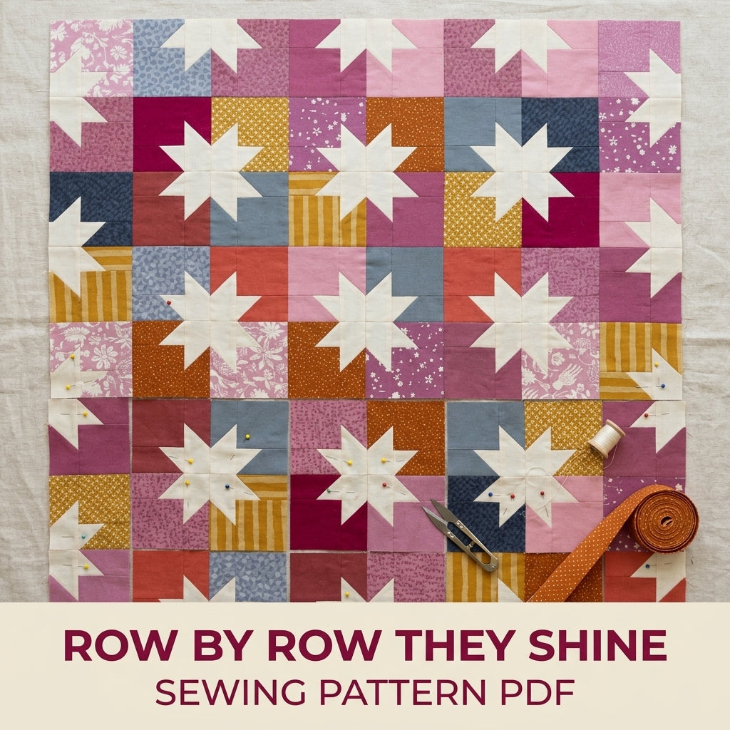 Scrappy Star Grid Quilt Pattern PDF – Large Square Throw Quilt with Eight-Point Stars