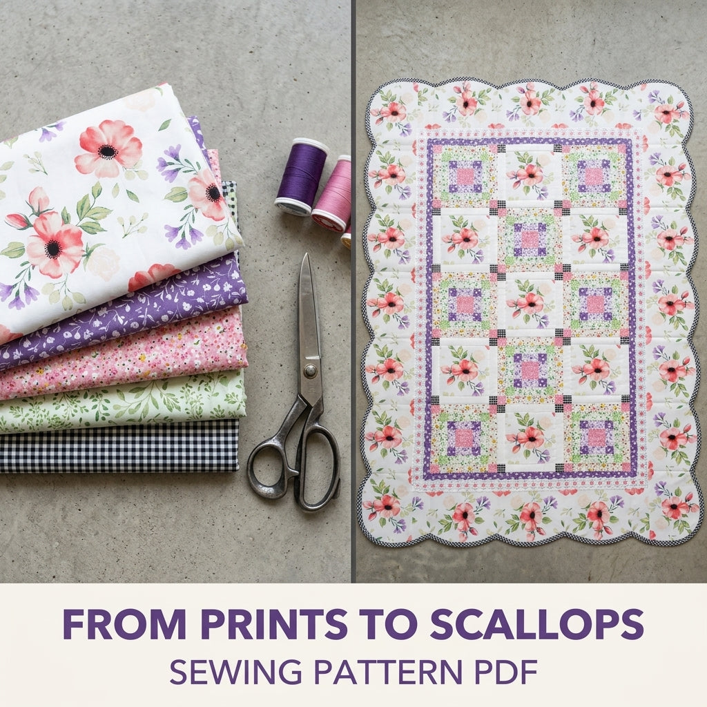 Scalloped Floral Border Quilt Pattern PDF – Romantic Quilt with Lace and Gingham Binding