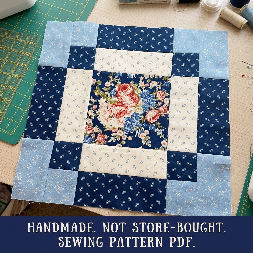 Rose Framed Square Quilt Block Pattern PDF – Easy Block for Quilts and Cushions