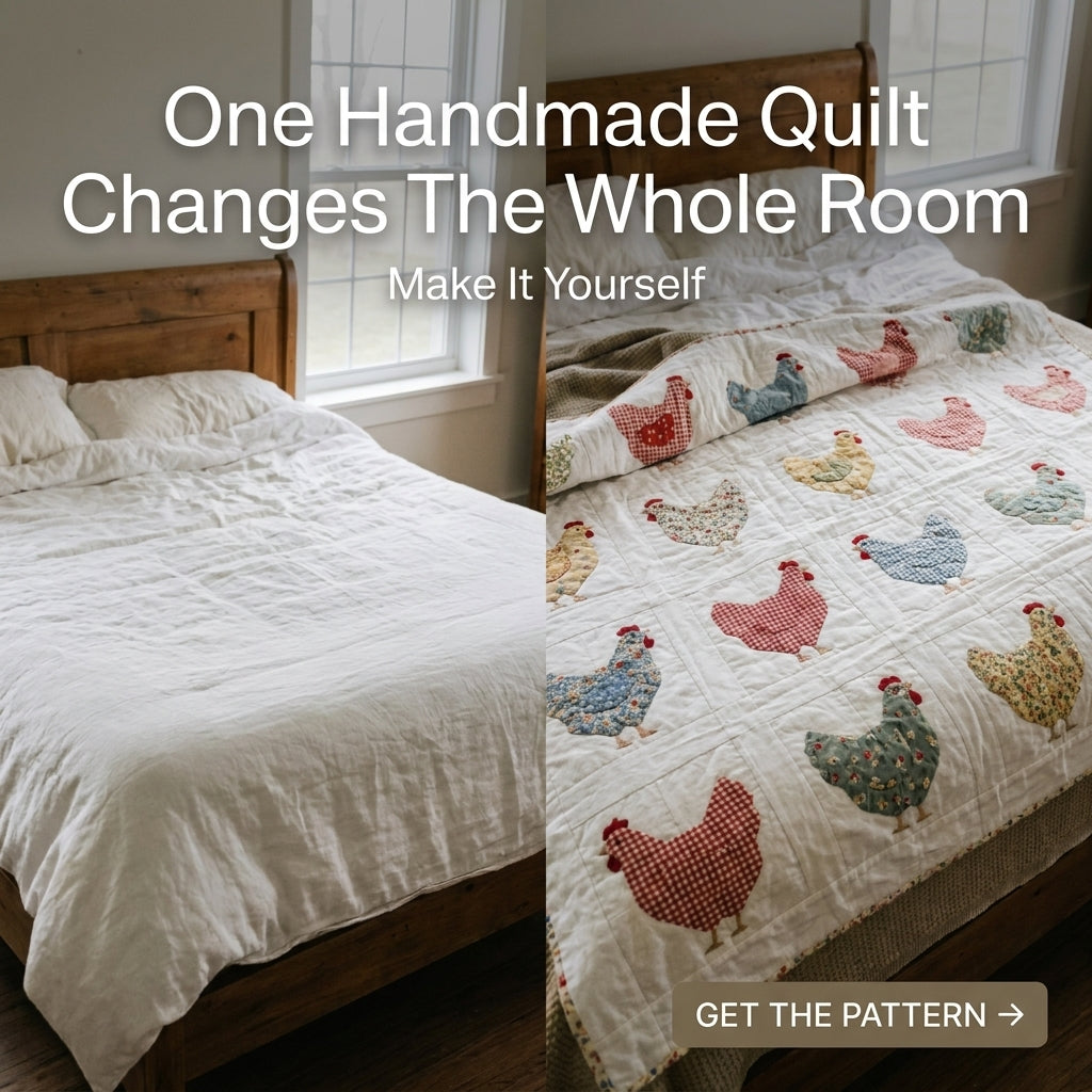 Chicken Quilt Pattern | Appliqué Hen Block Quilt in Gingham & Calico | Beginner Farmhouse Quilt | PDF Instant Download