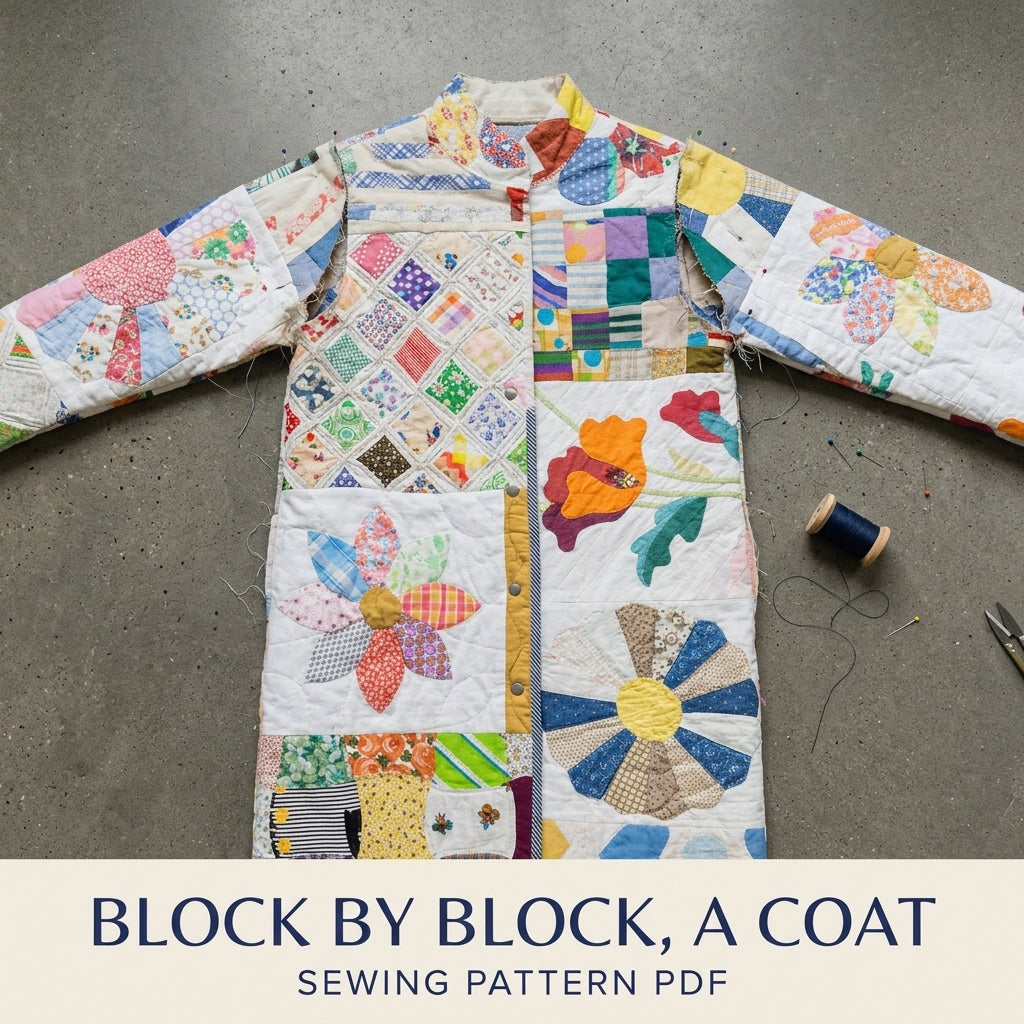 Scrappy Sampler Quilt Coat Sewing Pattern PDF – Long Coat from Orphan Blocks