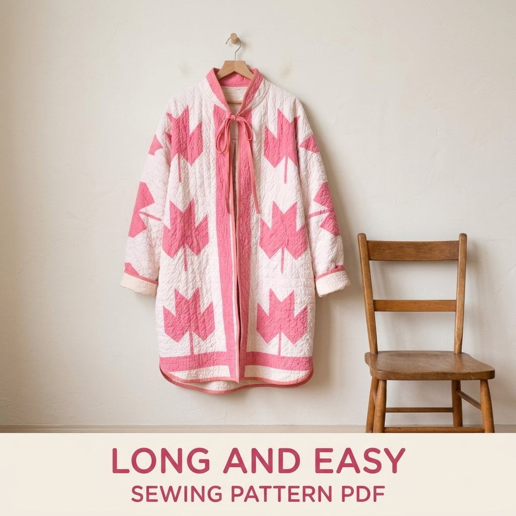 Maple Leaf Quilt Coat Sewing Pattern PDF – Oversized Coat with Tie Collar and Gathered Yoke