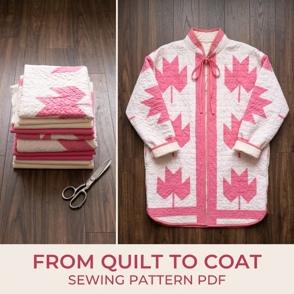 Maple Leaf Quilt Coat Sewing Pattern PDF – Oversized Coat with Tie Collar and Gathered Yoke