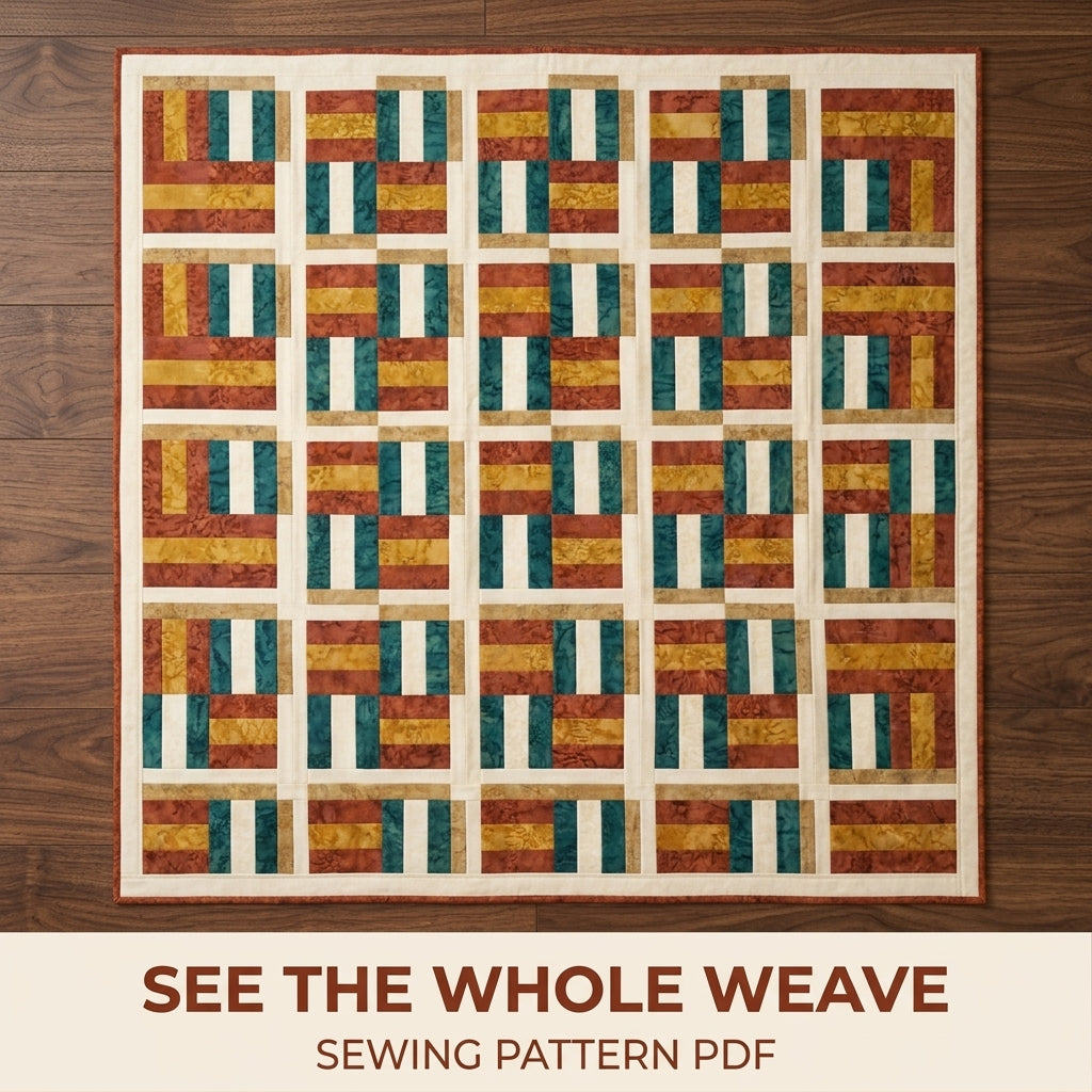 Modern Woven Quilt Pattern PDF – Basket Weave Strip Throw Quilt in Rust, Gold and Teal