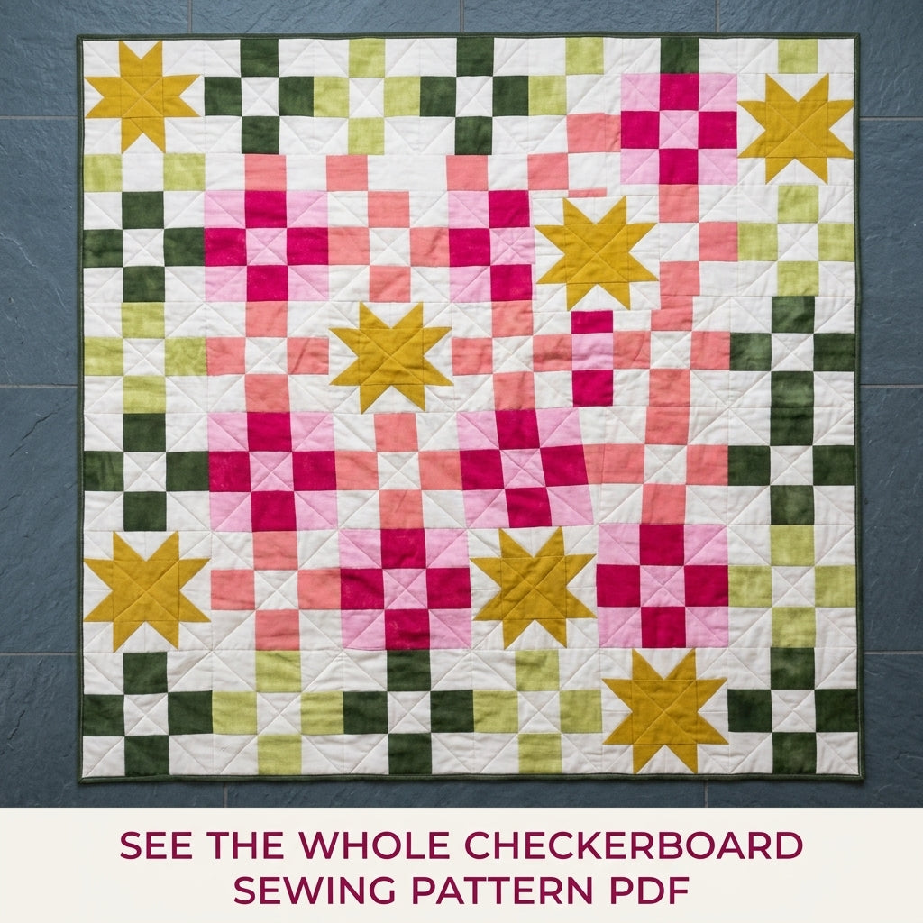 Checkerboard Star Quilt Pattern PDF – Modern Pink and Green Squares Throw Quilt