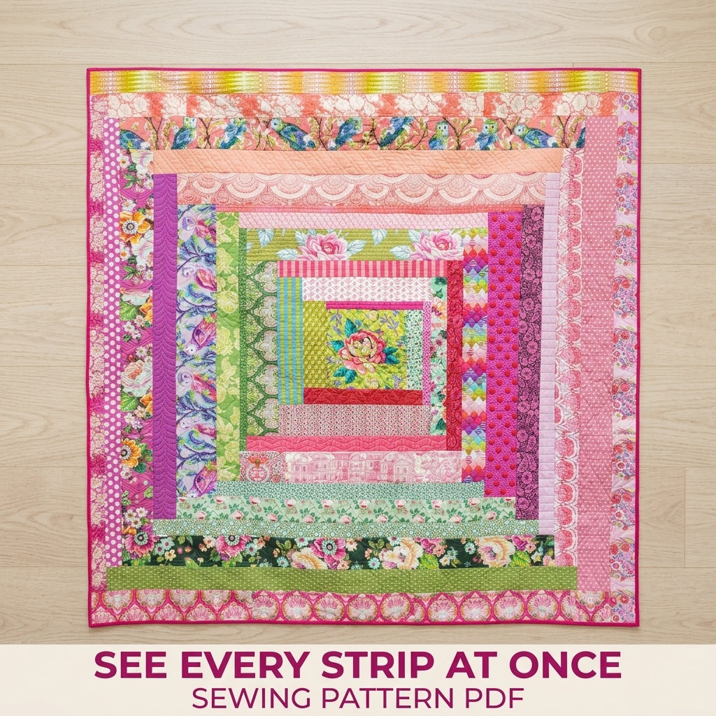 Pink Rose Log Cabin Medallion Quilt Pattern PDF – Big Strip Quilt for Large Prints