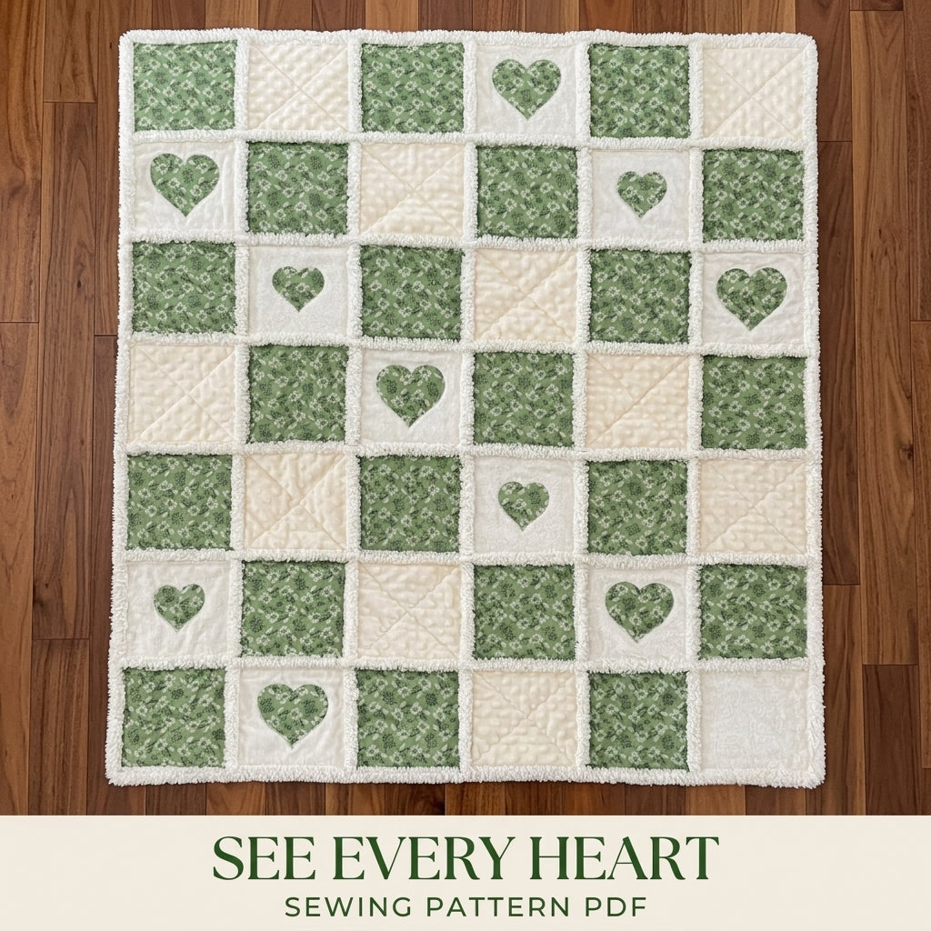 Green Heart Minky Rag Quilt Sewing Pattern PDF – Baby Rag Quilt with Hearts