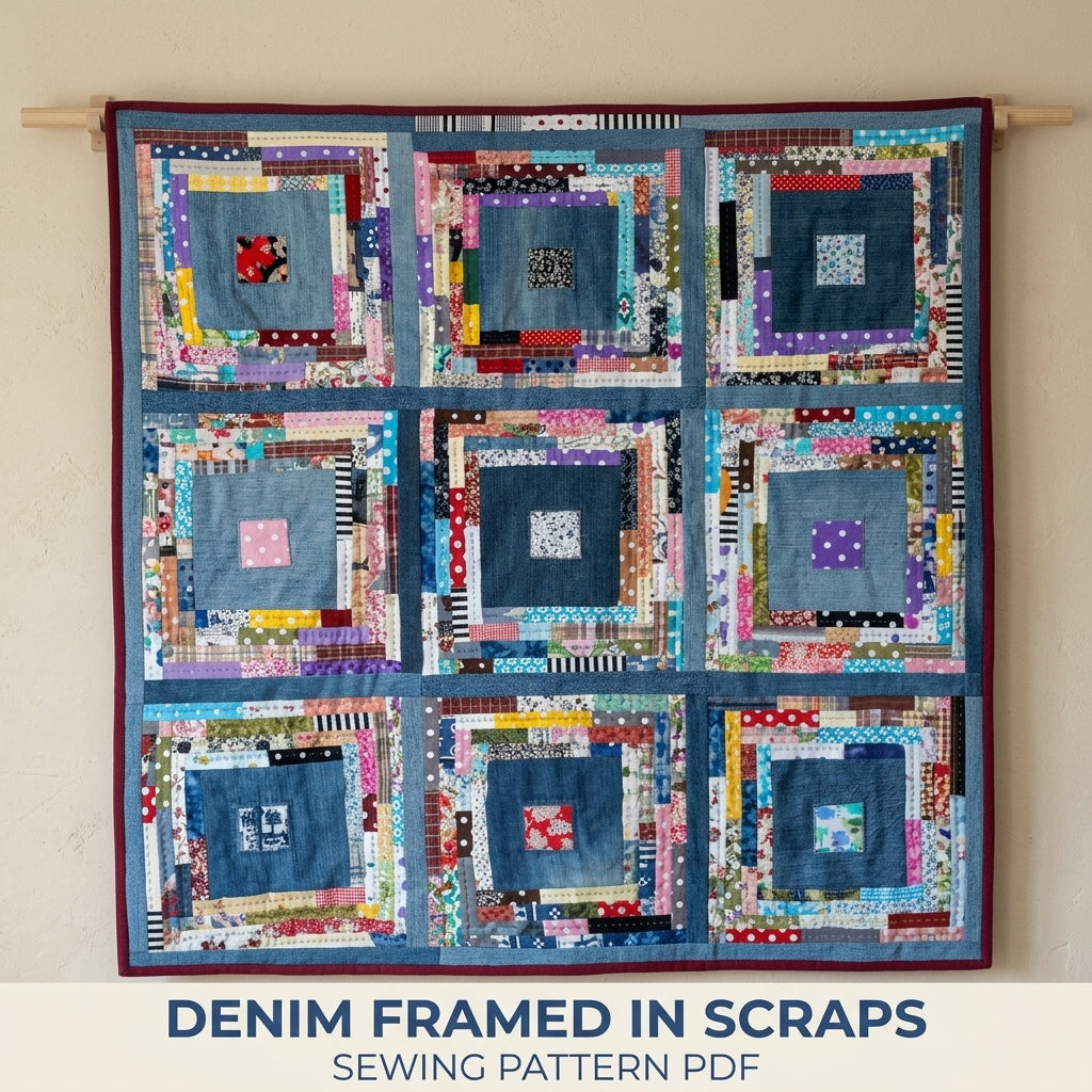 Scrappy Denim Square Quilt Sewing Pattern PDF – Upcycled Jeans Log Cabin Quilt