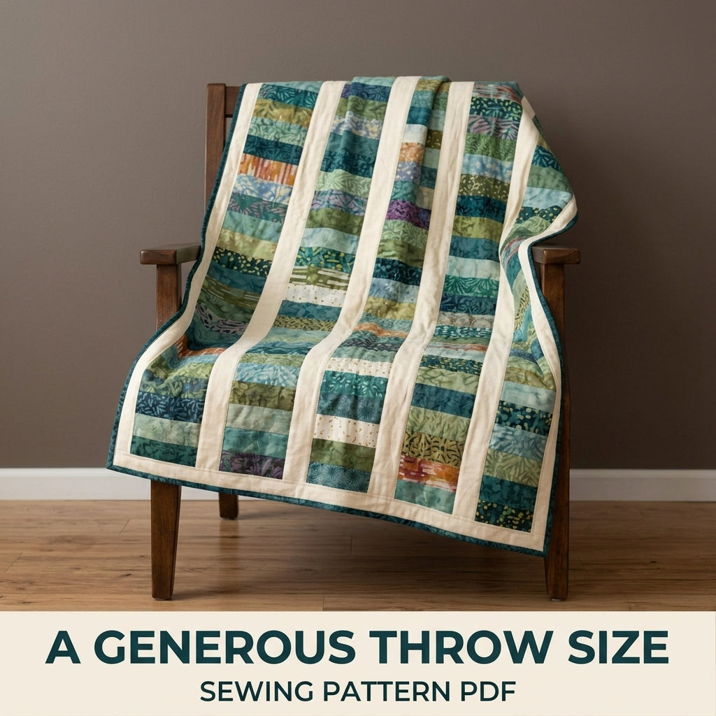 Modern Coin Stack Quilt Pattern PDF – Strip Throw Quilt with Batik Columns and Cream Sashing