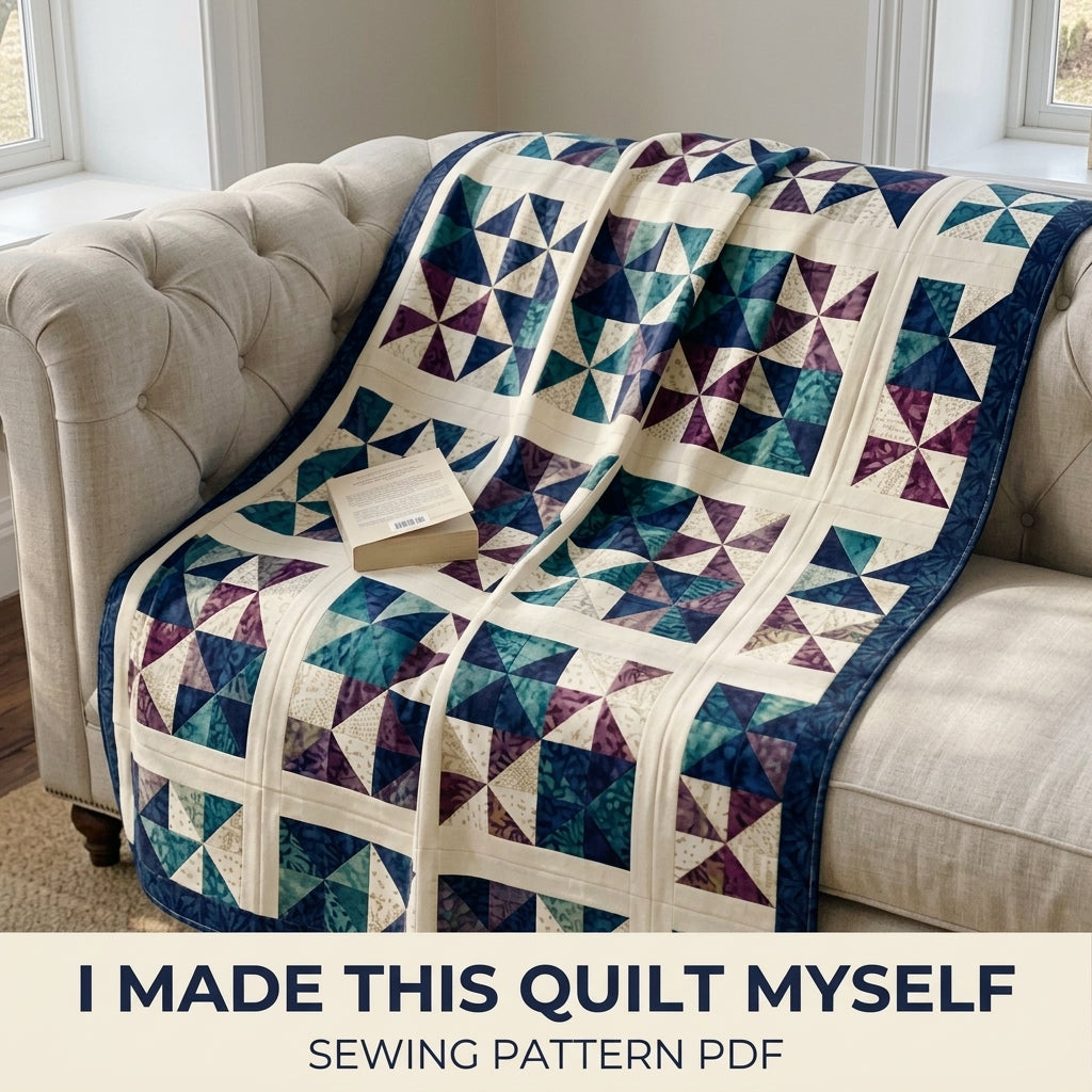 Modern Pinwheel Quilt Pattern PDF – Half-Square Triangle Throw Quilt with Sashing and Border