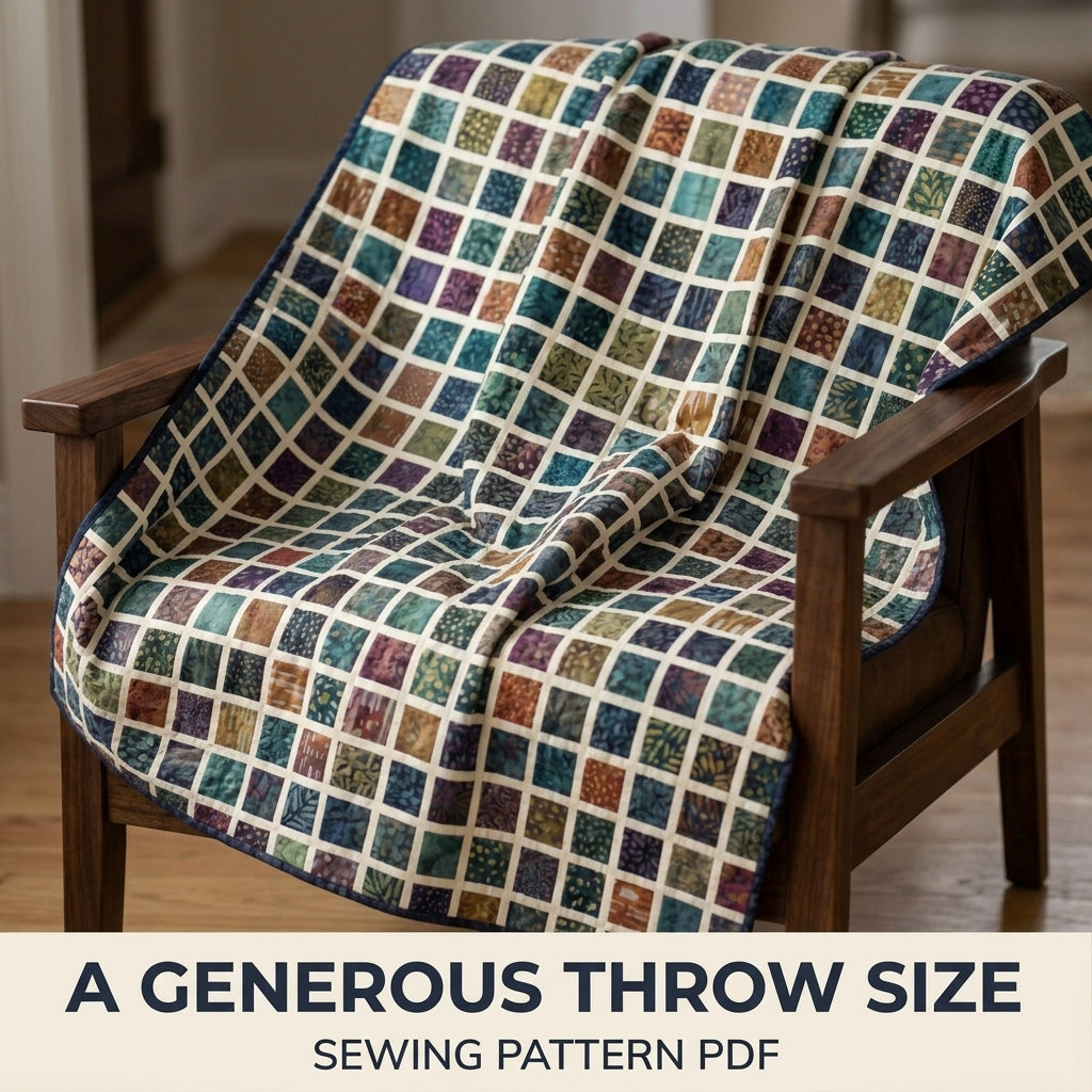 Modern Mosaic Quilt Pattern PDF – Small Squares Throw Quilt with Narrow Sashing for Batik Fabrics