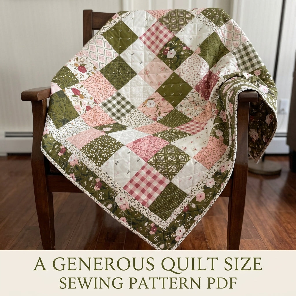 Olive and Pink Garden Patchwork Quilt Sewing Pattern PDF – Easy Squares Quilt
