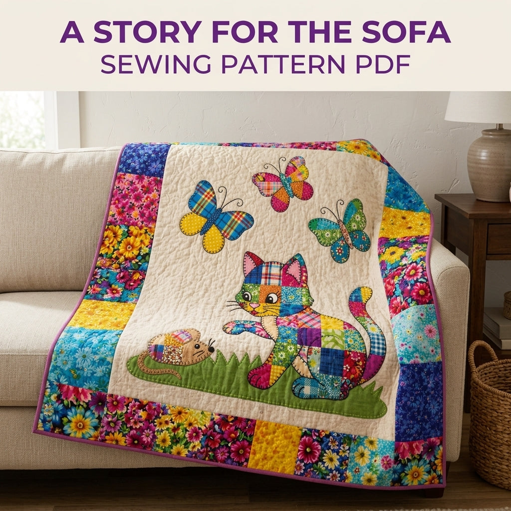 Patchwork Cat and Butterflies Quilt Sewing Pattern PDF – Scrappy Appliqué Quilt