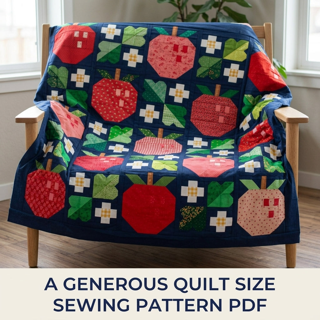 Apple Orchard Quilt Pattern PDF – Pieced Apple and Blossom Block Throw on Navy