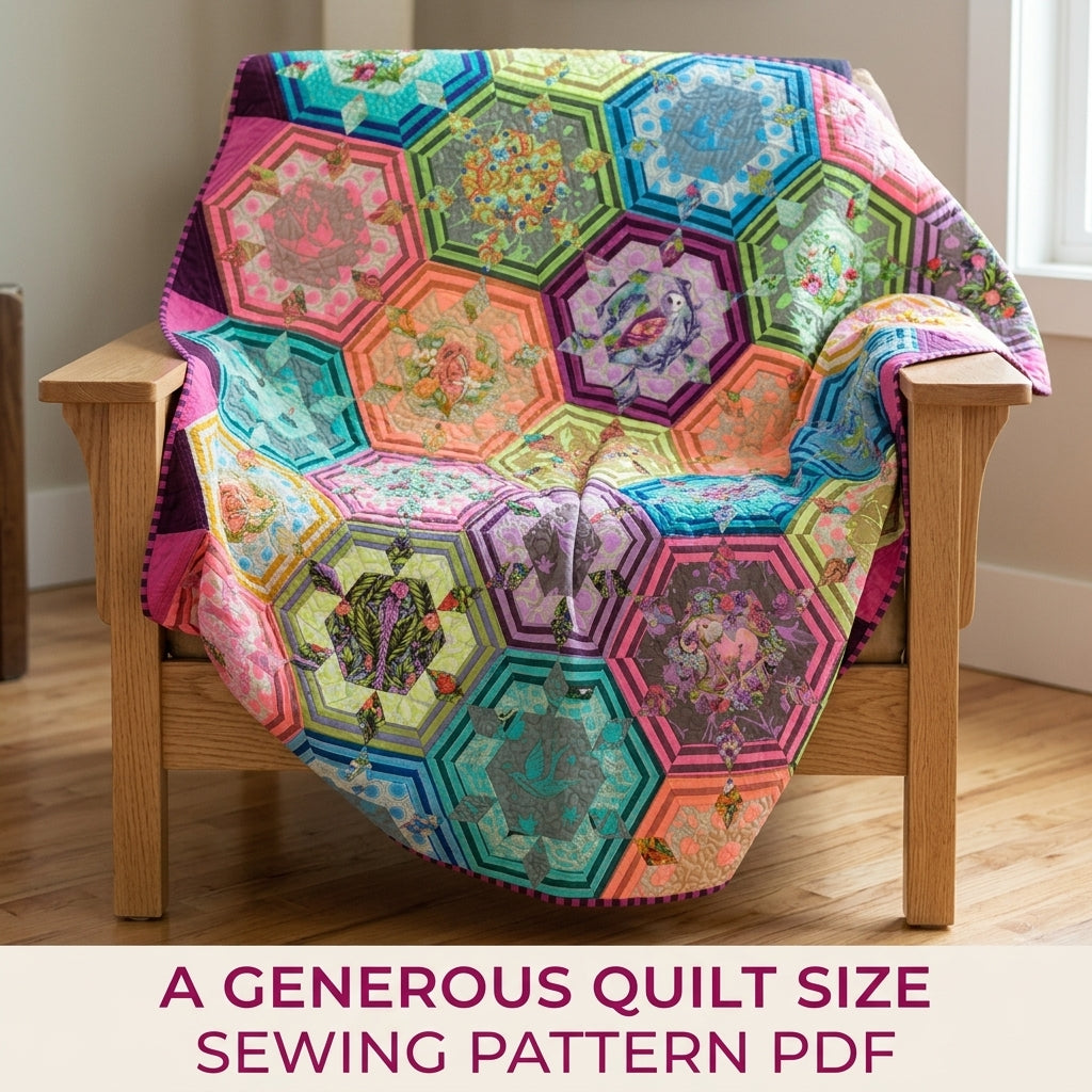 Framed Hexagon Feature Quilt Pattern PDF – Fussy Cut Hexagon Quilt for Big Prints