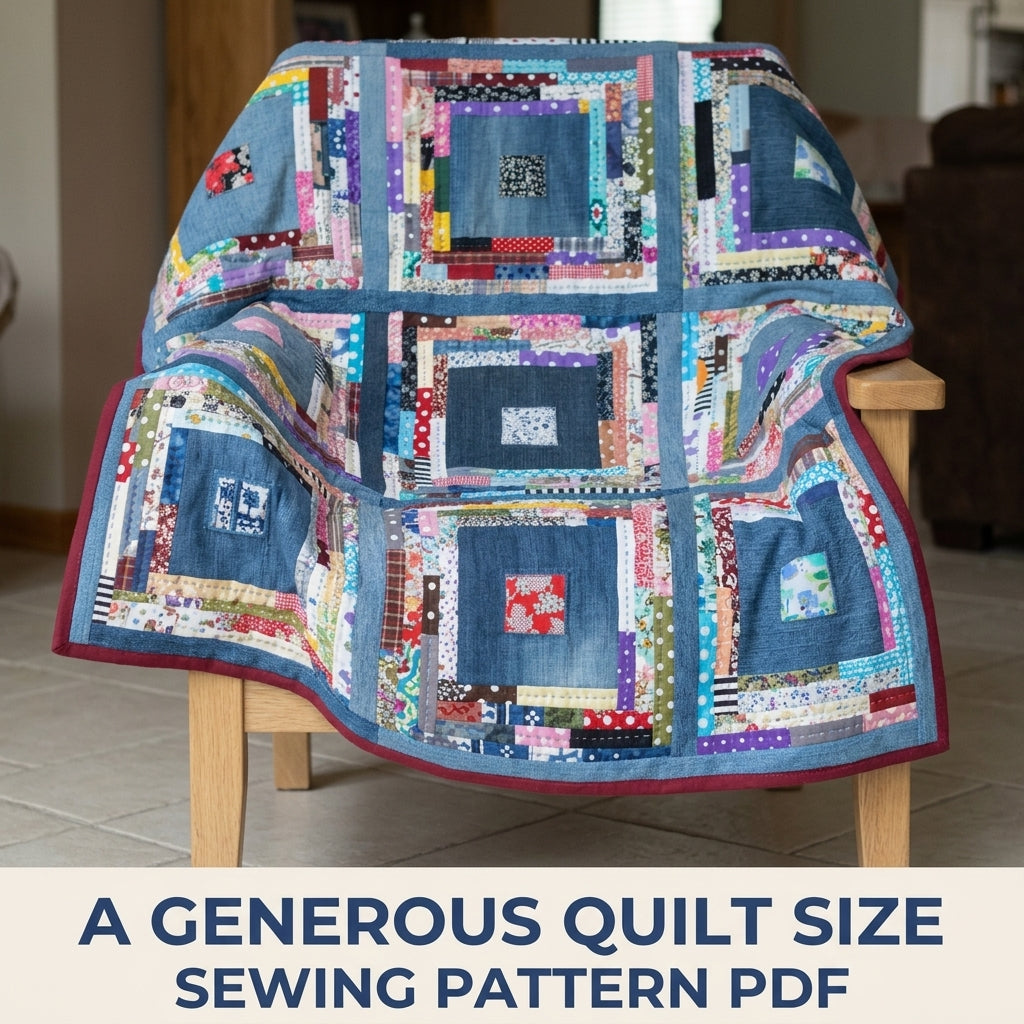 Scrappy Denim Square Quilt Sewing Pattern PDF – Upcycled Jeans Log Cabin Quilt