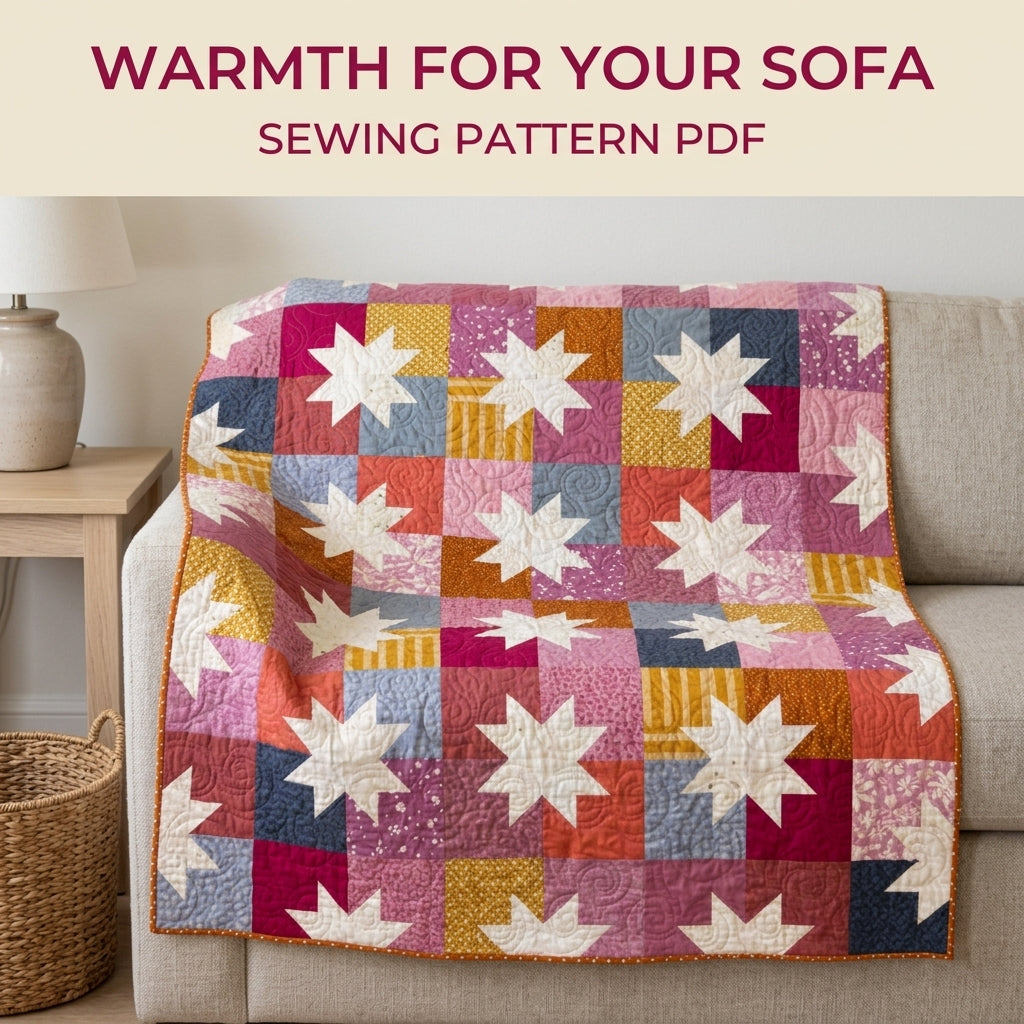 Scrappy Star Grid Quilt Pattern PDF – Large Square Throw Quilt with Eight-Point Stars