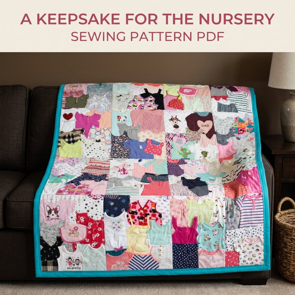 Teal Border Onesie Memory Quilt Sewing Pattern PDF – Baby Clothes Keepsake Quilt with Teal Border