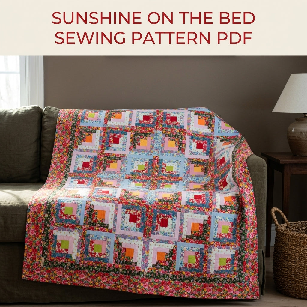 Bright Floral Log Cabin Quilt Sewing Pattern PDF – Classic Log Cabin with Rose Border