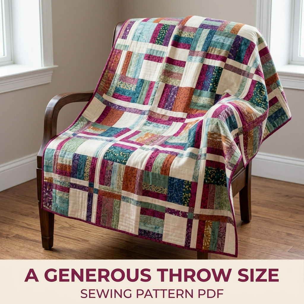 Modern Rail Fence Quilt Pattern PDF – Scrappy Strip Throw Quilt for Batik Fabrics