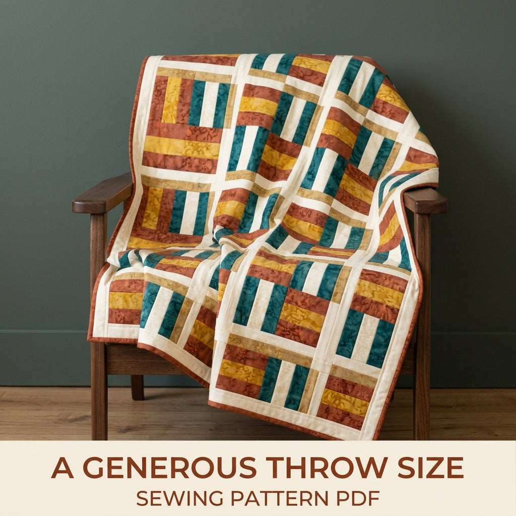 Modern Woven Quilt Pattern PDF – Basket Weave Strip Throw Quilt in Rust, Gold and Teal