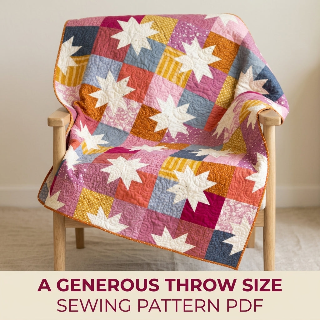 Scrappy Star Grid Quilt Pattern PDF – Large Square Throw Quilt with Eight-Point Stars
