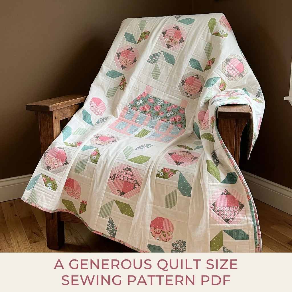 Cottage Garden Quilt Pattern PDF – Column Flower Quilt with Pieced House Block